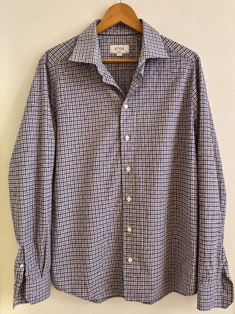 Eton Slim Fit Men's XL Dress Shirt Navy Beige Plaid 100% Cotton